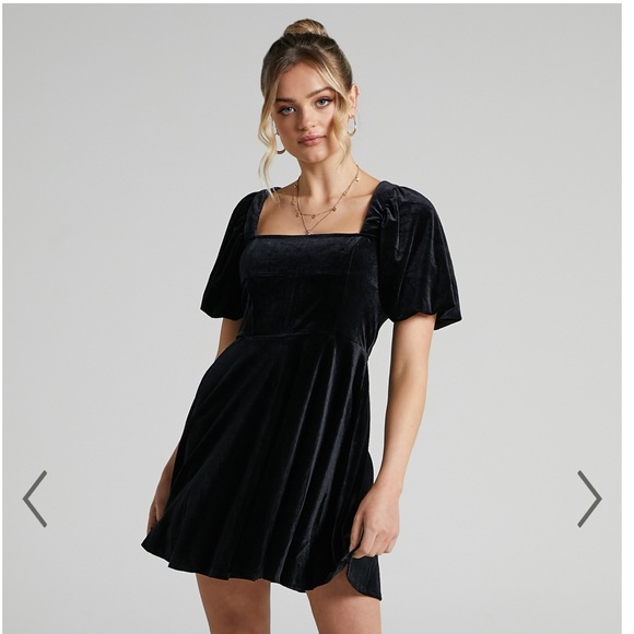 Showpo Black Square Neck Puff Sleeve Mini Dress - Picture 1 of 3